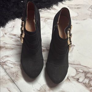 Bella Marie Black Ankle Booties with Gold Buckles